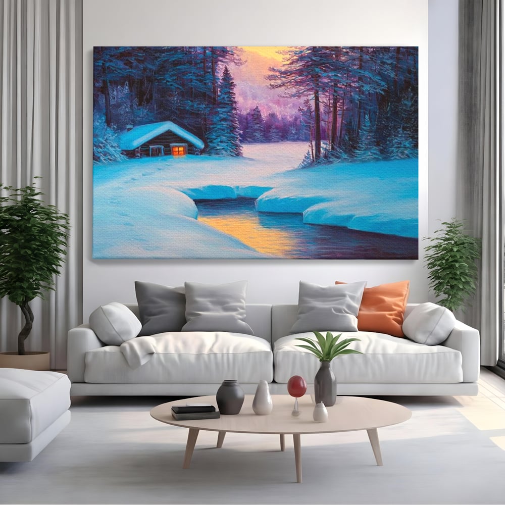 Tablou canvas cu pictura cu cabana inzapezita si parau, fara rama, pe sasiu de lemn, pe perete intr-un living